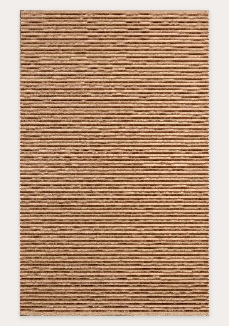 100% Wool Handmade Camel Tan Rug | Contemporary Striped Carpet With Cotton Backing For Living Room - Indya