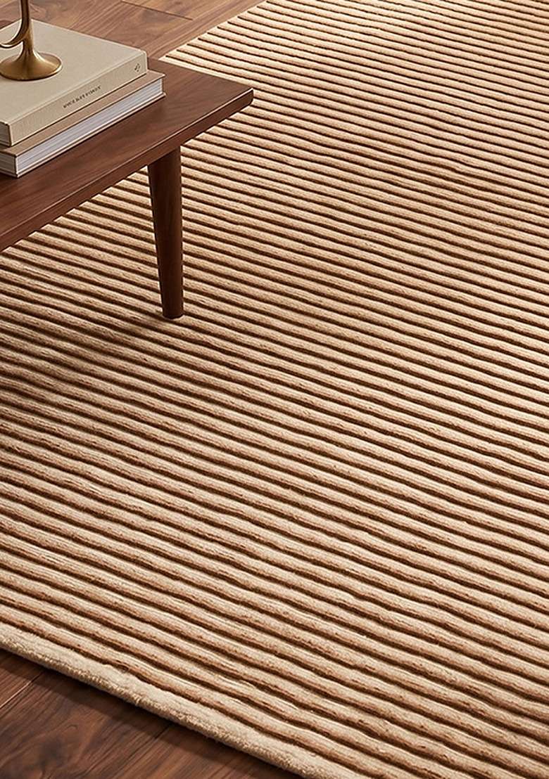 Saffron Rugs Hand-Tufted 100% Wool Area Rug | Camel Tan Rectangular Rug | Cotton Backing | Contemporary Striped Home Decor Carpet for Living Room Bedroom - Indya