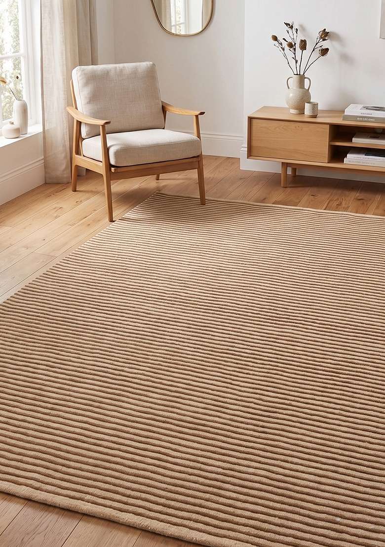 100% Wool Handmade Camel Tan Rug | Contemporary Striped Carpet With Cotton Backing For Living Room - Indya