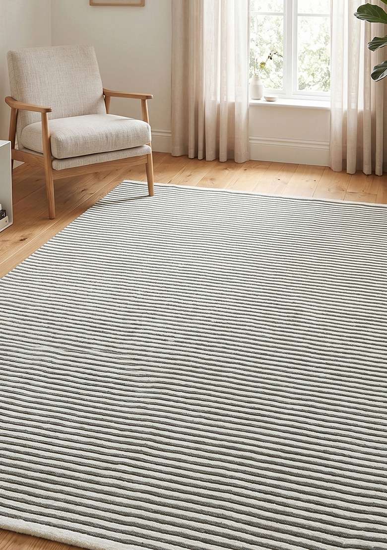 100% Wool Handmade Sage Green Rug | Contemporary Striped Carpet With Cotton Backing For Living Room - Indya