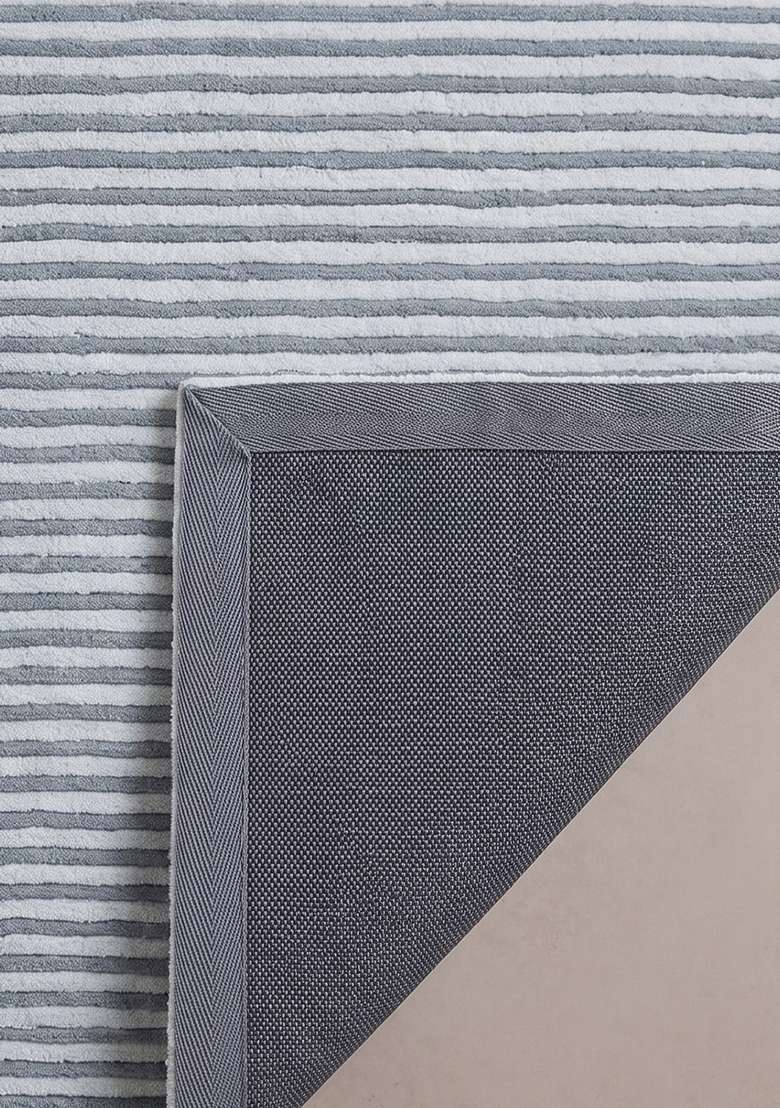 100% Wool Handmade Slate Blue Rug | Contemporary Striped Carpet With Cotton Backing For Living Room - Indya