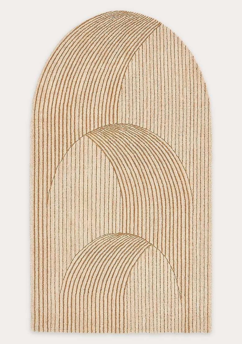 100% Wool Handmade Beige Rug | Art Deco Geometric Oblong Carpet With Cotton Backing For Living Room - Indya