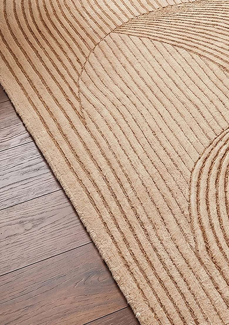 100% Wool Handmade Beige Rug | Art Deco Geometric Oblong Carpet With Cotton Backing For Living Room - Indya