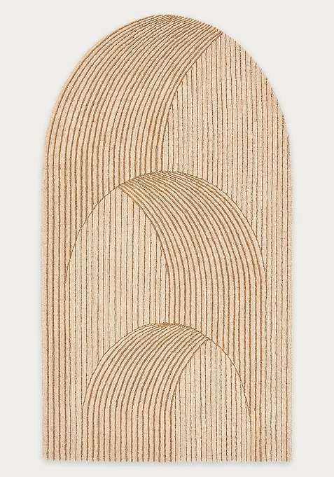 100% Wool Handmade Beige Rug | Art Deco Geometric Oblong Carpet With Cotton Backing For Living Room