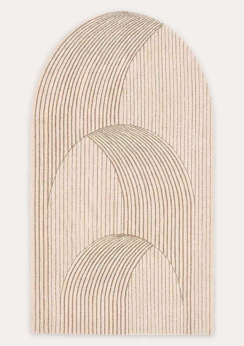 100% Wool Handmade Ivory Rug | Art Deco Geometric Oblong Carpet With Cotton Backing For Living Room - Indya