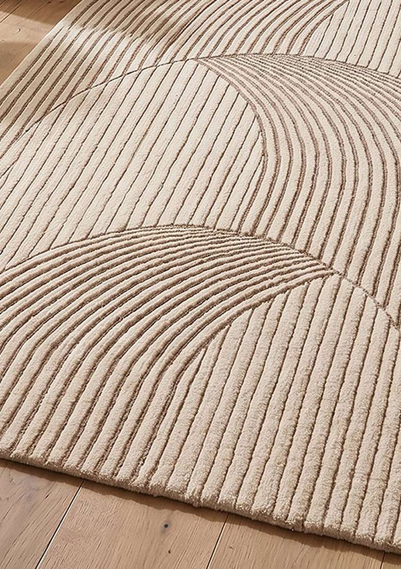 100% Wool Handmade Ivory Rug | Art Deco Geometric Oblong Carpet With Cotton Backing For Living Room - Indya
