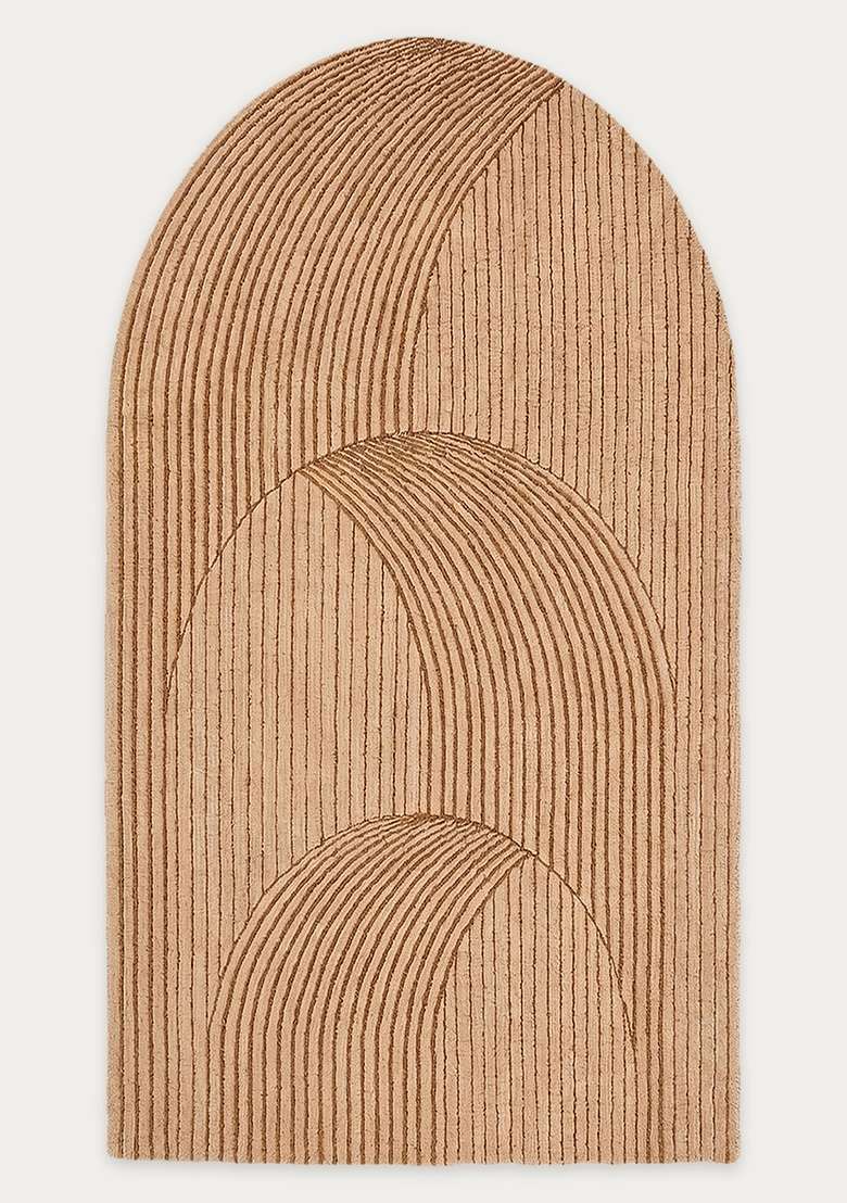 100% Wool Handmade Camel Tan Rug | Art Deco Geometric Oblong Carpet With Cotton Backing For Living Room - Indya