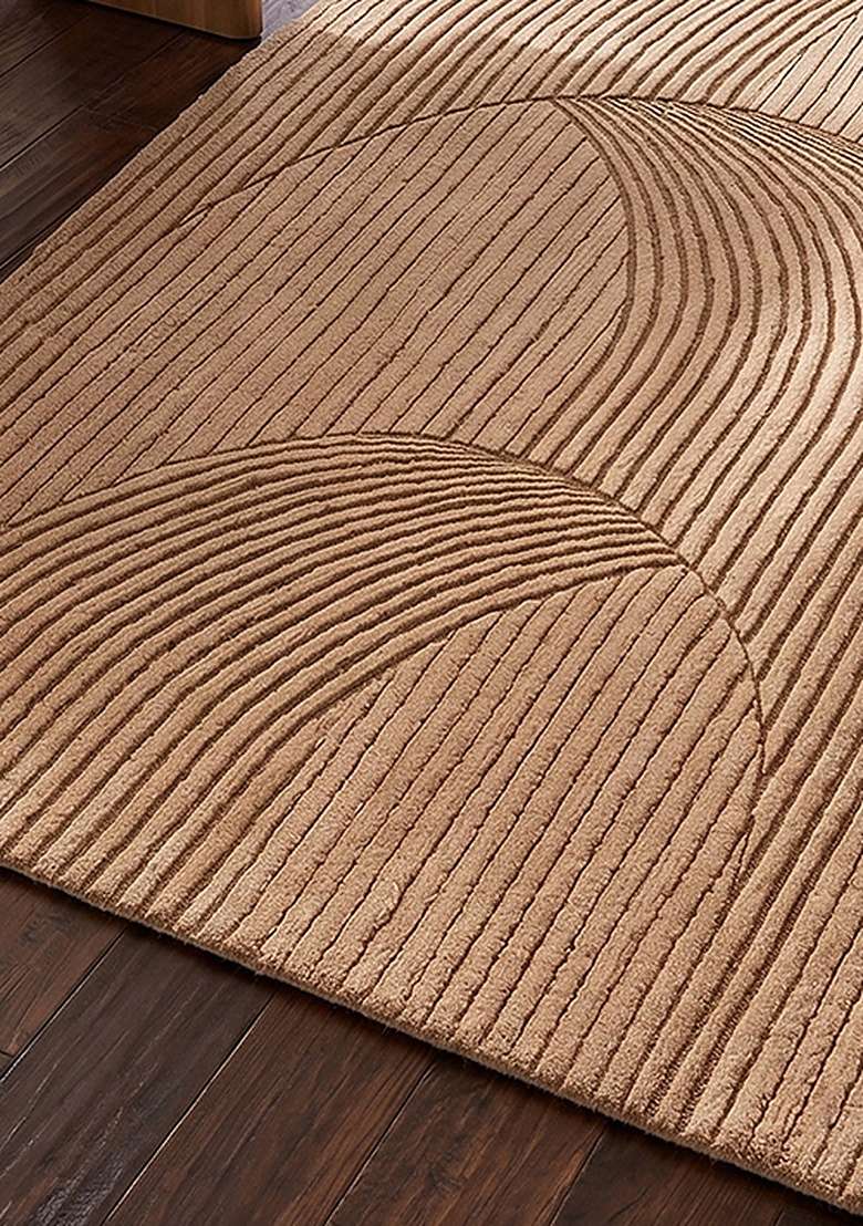 100% Wool Handmade Camel Tan Rug | Art Deco Geometric Oblong Carpet With Cotton Backing For Living Room - Indya