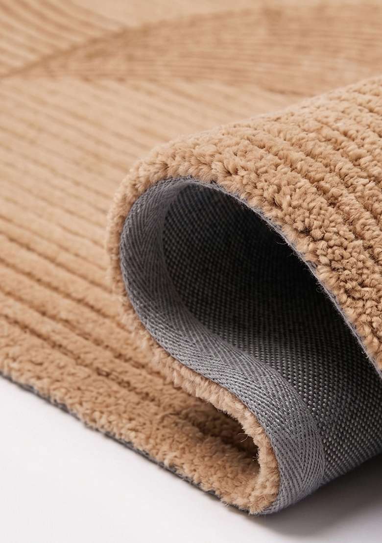 100% Wool Handmade Camel Tan Rug | Art Deco Geometric Oblong Carpet With Cotton Backing For Living Room - Indya