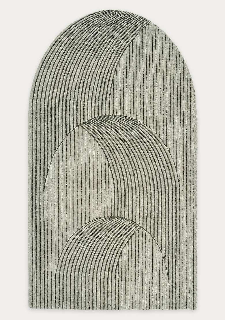 100% Wool Handmade Sage Green Rug | Art Deco Geometric Oblong Carpet With Cotton Backing For Living Room - Indya