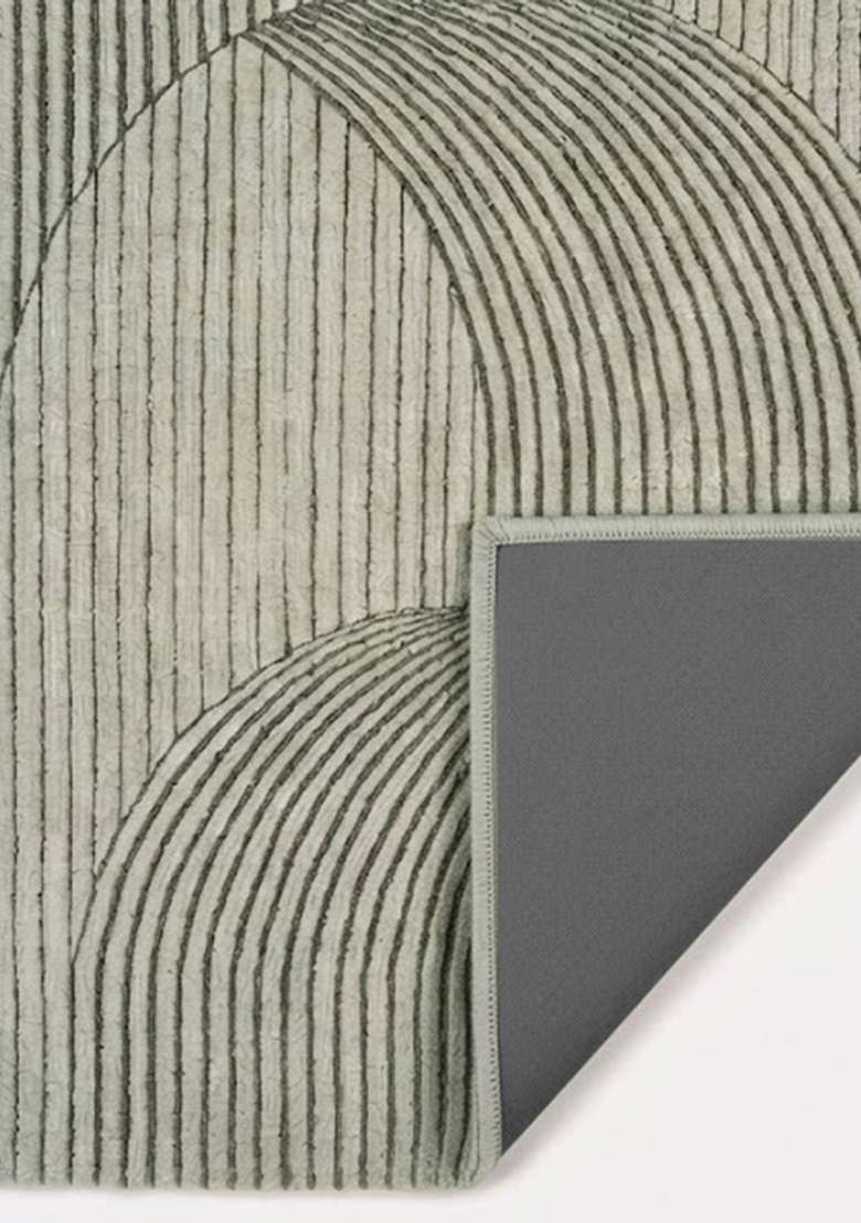 100% Wool Handmade Sage Green Rug | Art Deco Geometric Oblong Carpet With Cotton Backing For Living Room - Indya