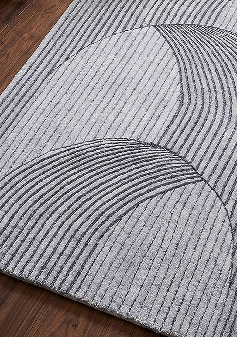 100% Wool Handmade Slate Blue Rug | Art Deco Geometric Oblong Carpet With Cotton Backing For Living Room - Indya