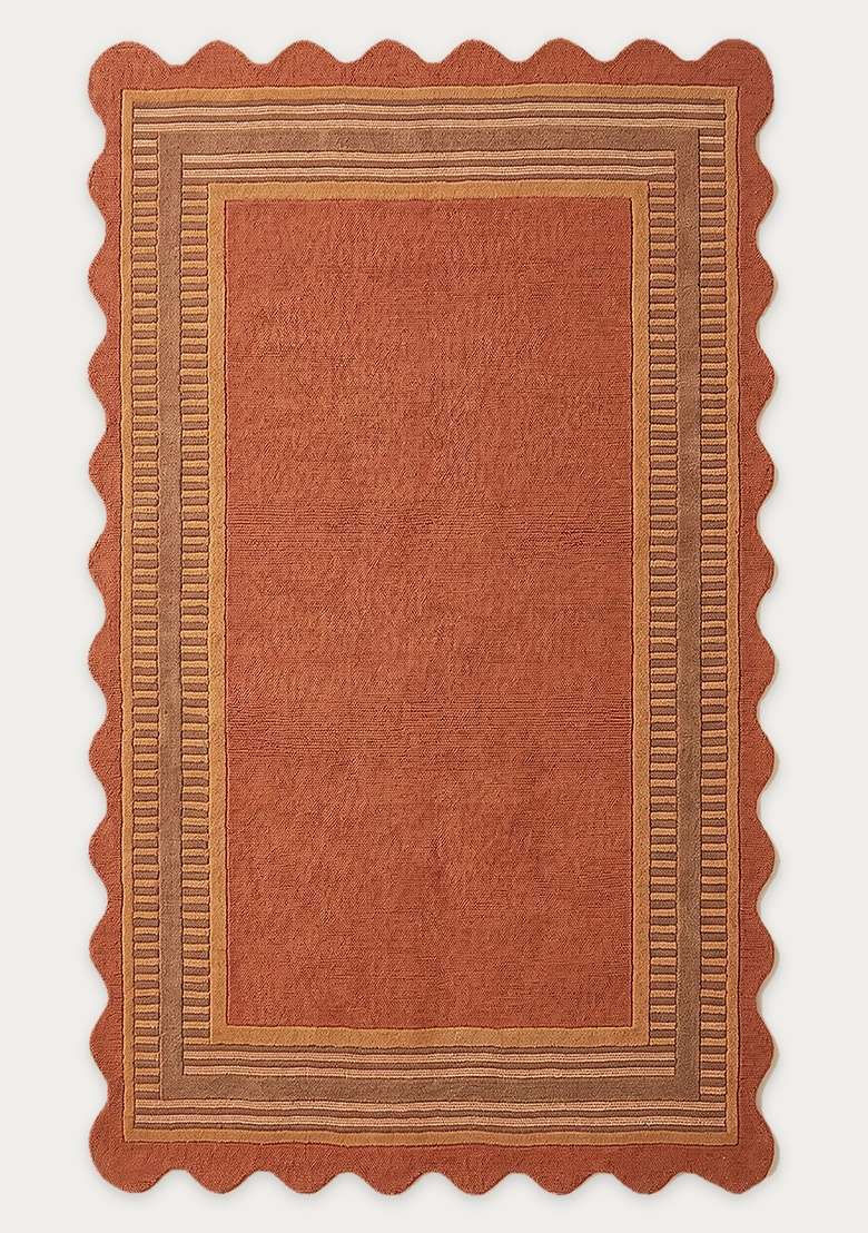 100% Wool Handmade Rust Orange Rug | Geometric Scalloped Carpet With Cotton Backing For Living Room - Indya