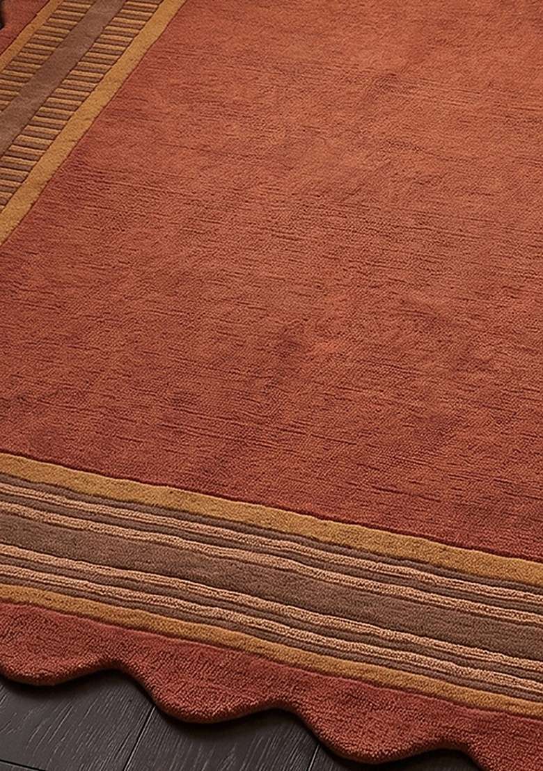 100% Wool Handmade Rust Orange Rug | Geometric Scalloped Carpet With Cotton Backing For Living Room - Indya