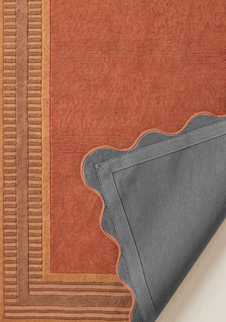 100% Wool Handmade Rust Orange Rug | Geometric Scalloped Carpet With Cotton Backing For Living Room - Indya
