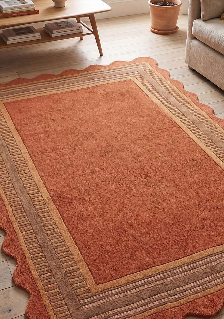 100% Wool Handmade Rust Orange Rug | Geometric Scalloped Carpet With Cotton Backing For Living Room - Indya