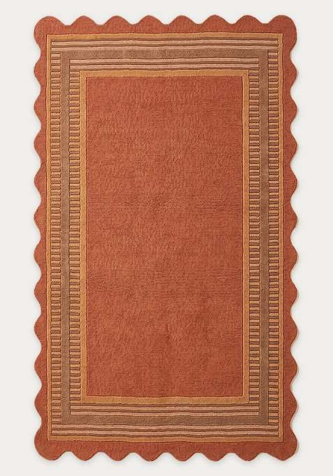 100% Wool Handmade Rust Orange Rug | Geometric Scalloped Carpet With Cotton Backing For Living Room