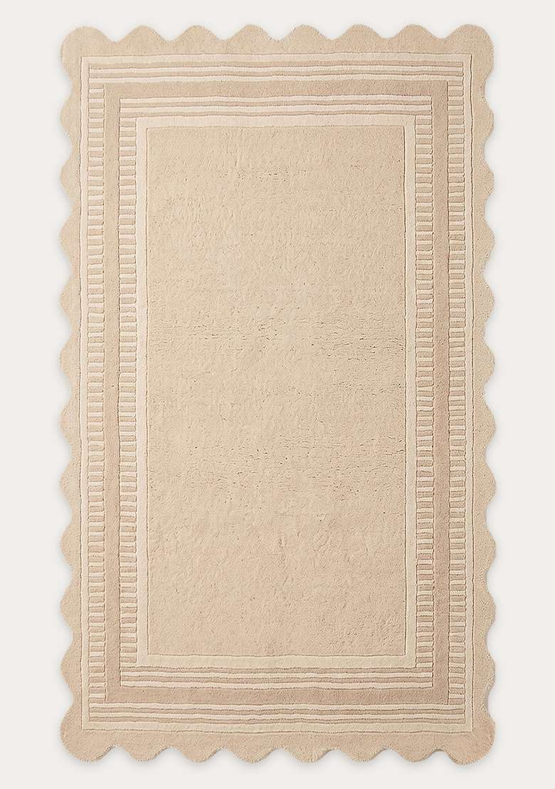 100% Wool Handmade Cream Rug | Geometric Scalloped Carpet With Cotton Backing For Living Room - Indya