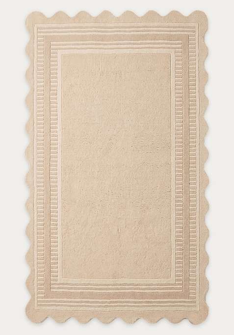 100% Wool Handmade Cream Rug | Geometric Scalloped Carpet With Cotton Backing For Living Room