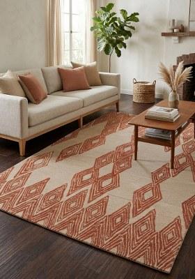 Saffron Rugs Hand-Tufted 100% Wool Area Rug | Rust Orange Rectangular Rug | Cotton Backing | Mid-Century Modern Trellis Home Decor Carpet for Living Room Bedroom