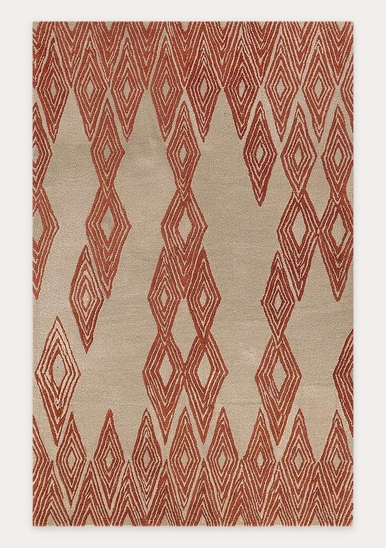 100% Wool Handmade Rust Orange Rug | Mid Century Modern Trellis Carpet With Cotton Backing For Living Room - Indya