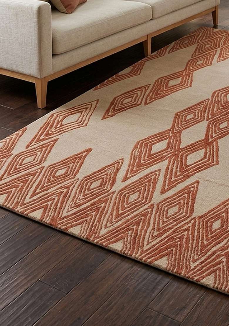 100% Wool Handmade Rust Orange Rug | Mid Century Modern Trellis Carpet With Cotton Backing For Living Room - Indya
