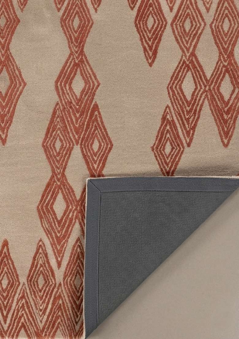 100% Wool Handmade Rust Orange Rug | Mid Century Modern Trellis Carpet With Cotton Backing For Living Room - Indya