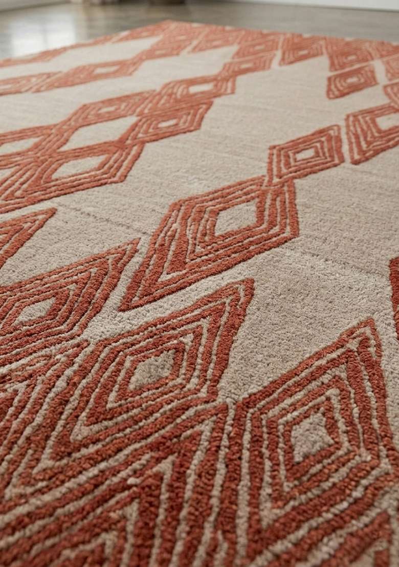 100% Wool Handmade Rust Orange Rug | Mid Century Modern Trellis Carpet With Cotton Backing For Living Room - Indya
