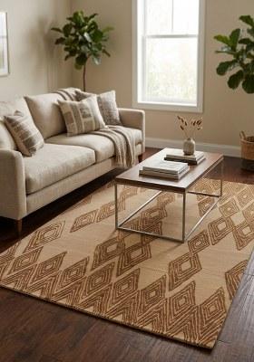 Saffron Rugs Hand-Tufted 100% Wool Area Rug | Camel Tan Rectangular Rug | Cotton Backing | Mid-Century Modern Trellis Home Decor Carpet for Living Room Bedroom