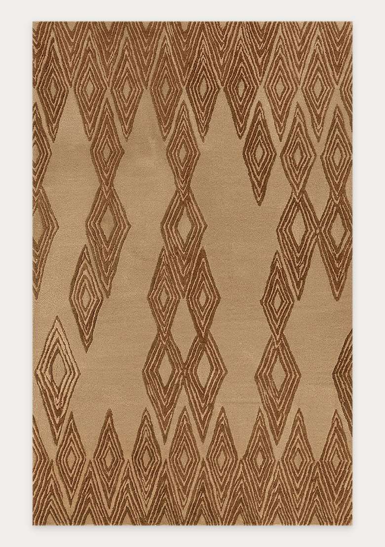 100% Wool Handmade Camel Tan Rug | Mid Century Modern Trellis Carpet With Cotton Backing For Living Room - Indya