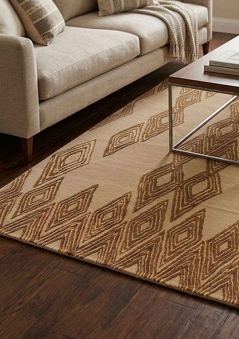 100% Wool Handmade Camel Tan Rug | Mid Century Modern Trellis Carpet With Cotton Backing For Living Room - Indya