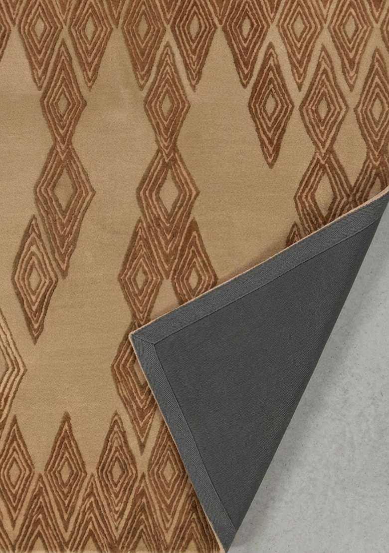 100% Wool Handmade Camel Tan Rug | Mid Century Modern Trellis Carpet With Cotton Backing For Living Room - Indya