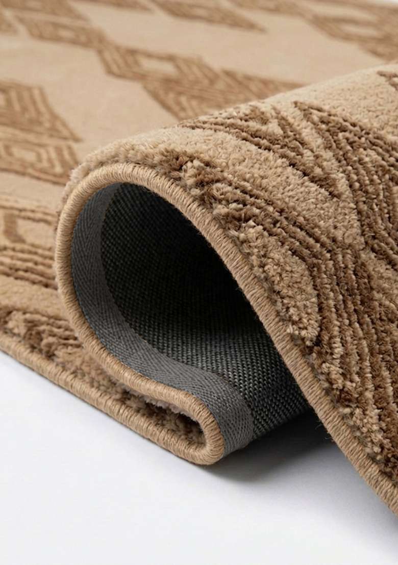 100% Wool Handmade Camel Tan Rug | Mid Century Modern Trellis Carpet With Cotton Backing For Living Room - Indya