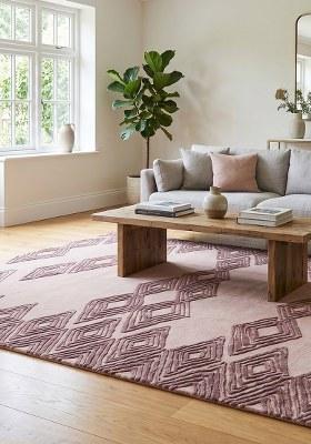 Saffron Rugs Hand Tufted Blush Pink Trellis Mid-Century Modern Rectangular Wool Area Rug