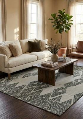 Saffron Rugs Hand-Tufted 100% Wool Area Rug | Sage Green Rectangular Rug | Cotton Backing | Mid-Century Modern Trellis Home Decor Carpet for Living Room Bedroom