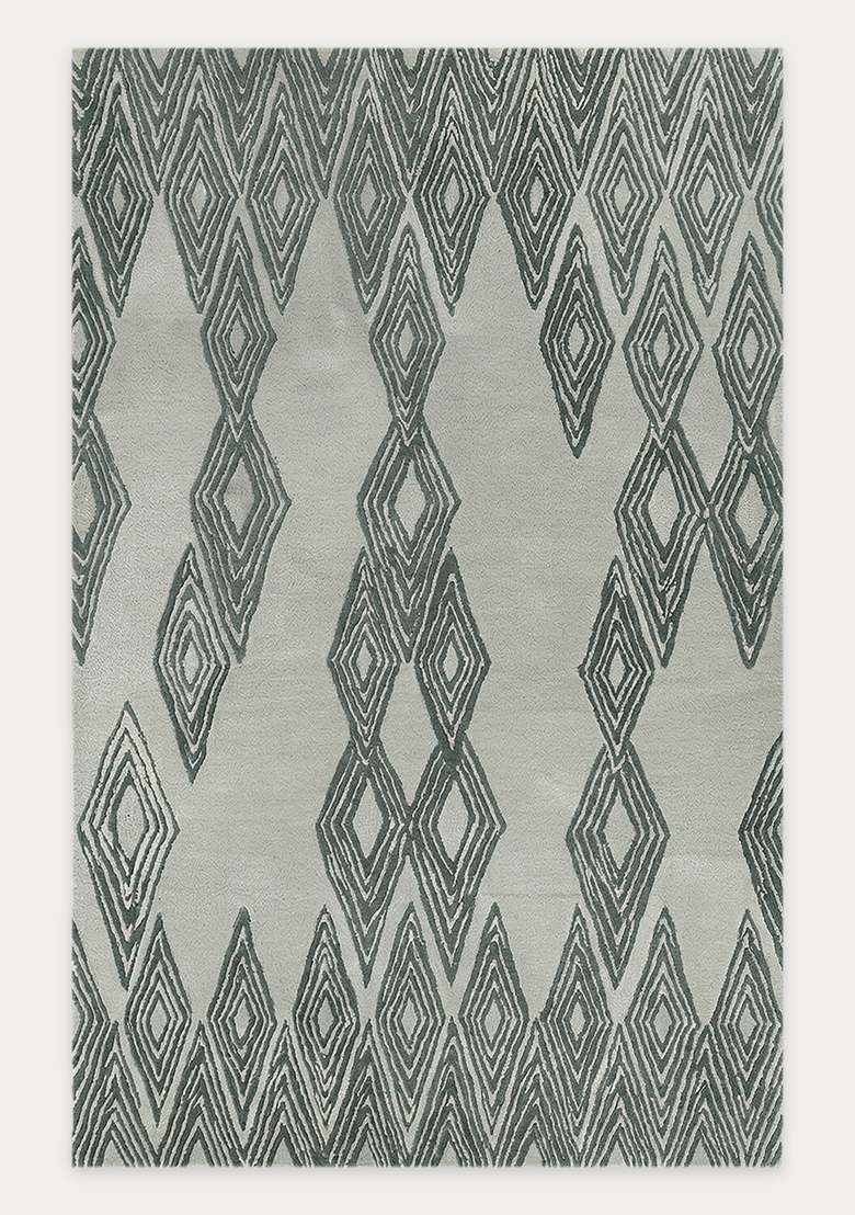 100% Wool Handmade Sage Green Rug | Mid Century Modern Trellis Carpet With Cotton Backing For Living Room - Indya