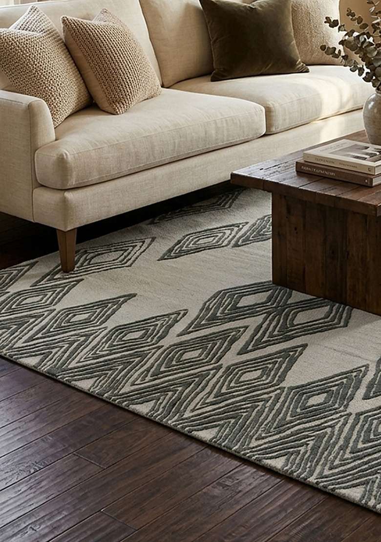 100% Wool Handmade Sage Green Rug | Mid Century Modern Trellis Carpet With Cotton Backing For Living Room - Indya