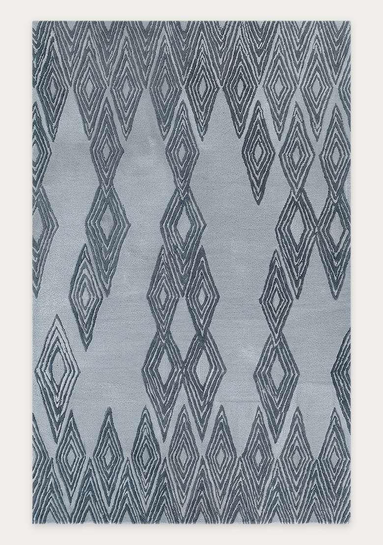 100% Wool Handmade Slate Blue Rug | Mid Century Modern Trellis Carpet With Cotton Backing For Living Room - Indya