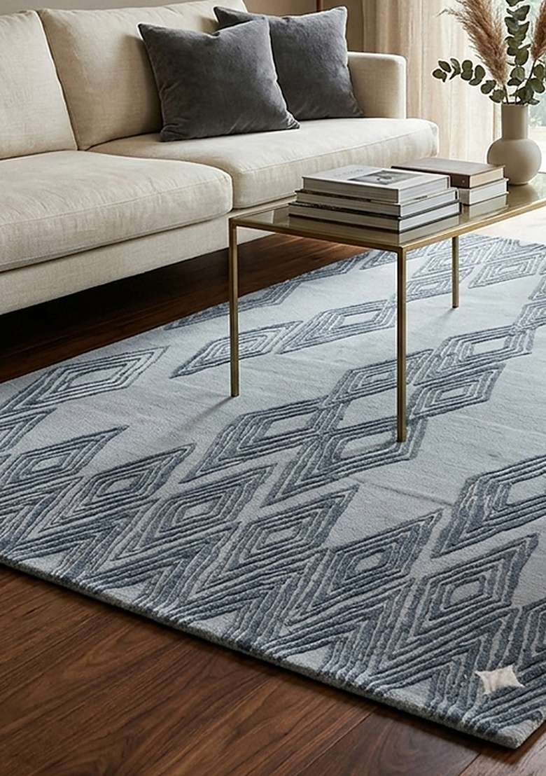 100% Wool Handmade Slate Blue Rug | Mid Century Modern Trellis Carpet With Cotton Backing For Living Room - Indya