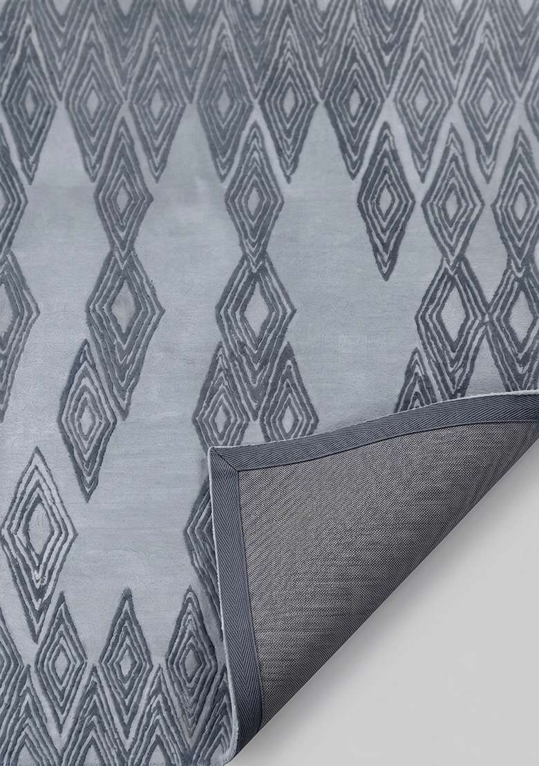 100% Wool Handmade Slate Blue Rug | Mid Century Modern Trellis Carpet With Cotton Backing For Living Room - Indya