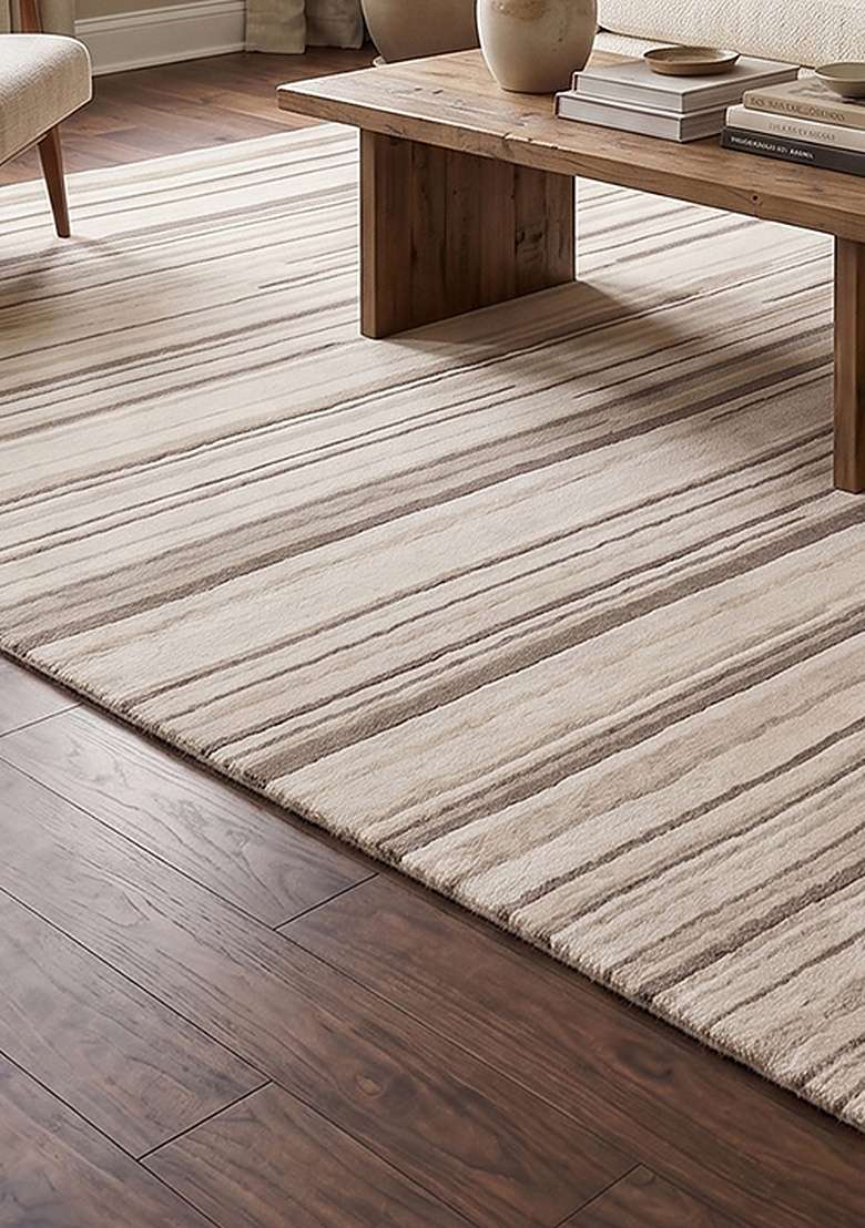 Saffron Rugs Hand-Tufted 100% Wool Area Rug | Ivory Rectangular Rug | Cotton Backing | Contemporary Striped Home Decor Carpet for Living Room Bedroom - Indya
