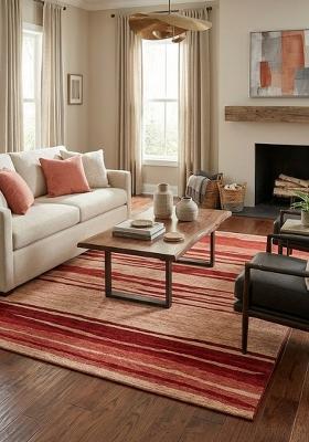 Saffron Rugs Hand Tufted Red and Beige Striped Contemporary Rectangular Wool Area Rug