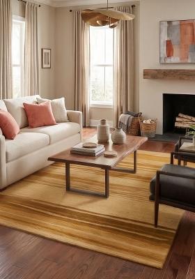 Saffron Rugs Hand Tufted Golden Beige Striped Contemporary Rectangular Wool Area Rug