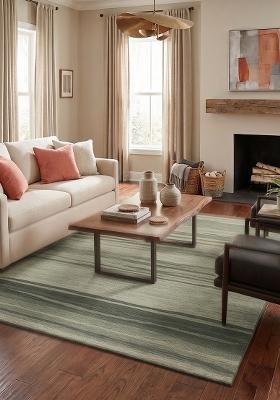 Saffron Rugs Hand Tufted Sage Green Striped Contemporary Rectangular Wool Area Rug