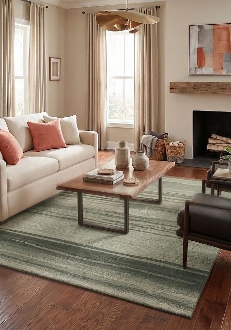 Saffron Rugs Hand Tufted Sage Green Striped Contemporary Rectangular Wool Area Rug
