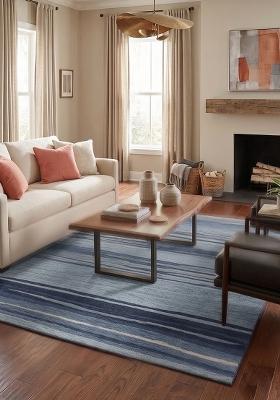 Saffron Rugs Hand Tufted Blue Striped Contemporary Rectangular Wool Area Rug