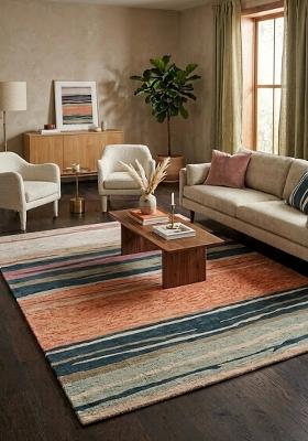 Saffron Rugs Hand Tufted Teal And Pink Striped Contemporary Rectangular Wool Area Rug