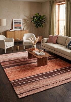 Saffron Rugs Hand Tufted Terracotta Striped Contemporary Rectangular Wool Area Rug