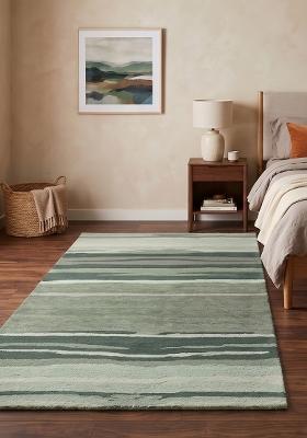 Saffron Rugs Hand Tufted Sage Green Striped Contemporary Rectangular Wool Area Rug