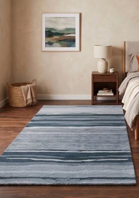 Saffron Rugs Hand Tufted Light Blue Striped Contemporary Rectangular Wool Area Rug